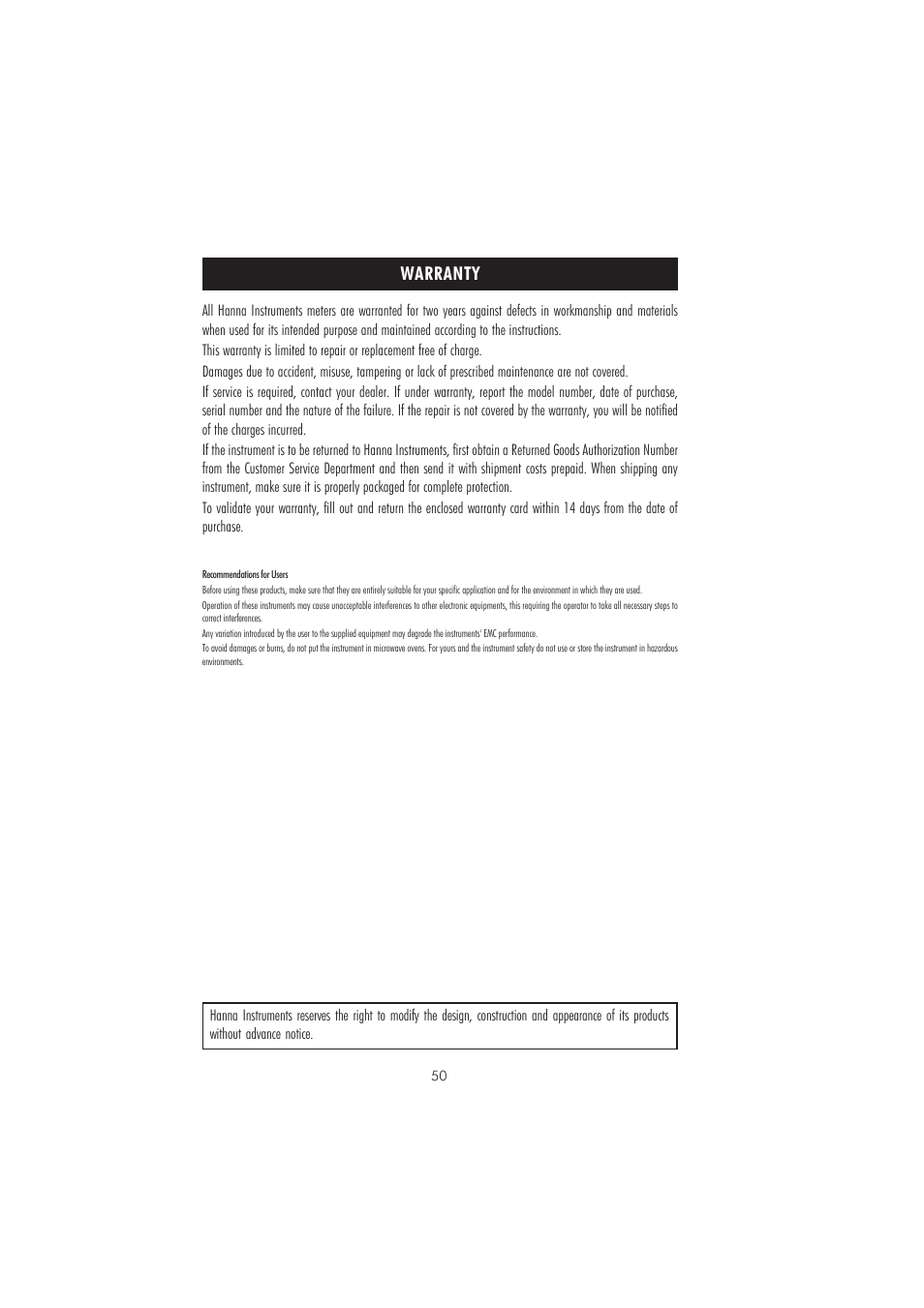 Warranty | Hanna Instruments HI 83210-01 User Manual | Page 50 / 52