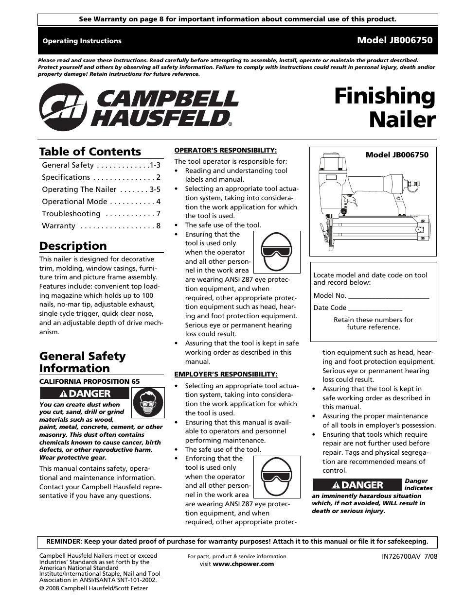 Campbell Hausfeld Finishing Nailer JB006750 User Manual | 24 pages