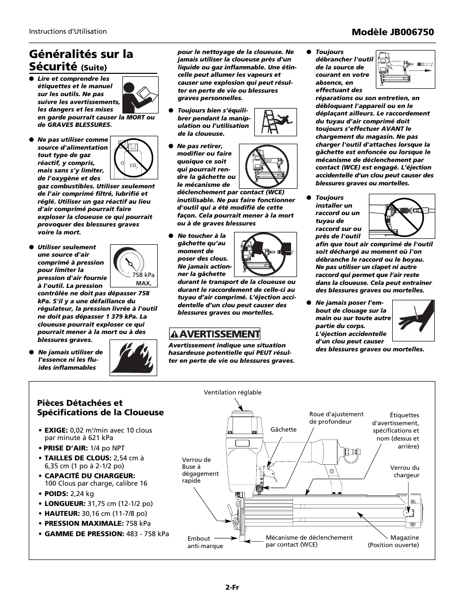 Généralités sur la sécurité, Pièces détachées et spécifications de la cloueuse | Campbell Hausfeld Finishing Nailer JB006750 User Manual | Page 10 / 24