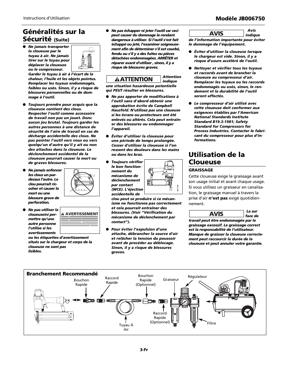 Généralités sur la sécurité, Utilisation de la cloueuse, Branchement recommandé | Campbell Hausfeld Finishing Nailer JB006750 User Manual | Page 11 / 24