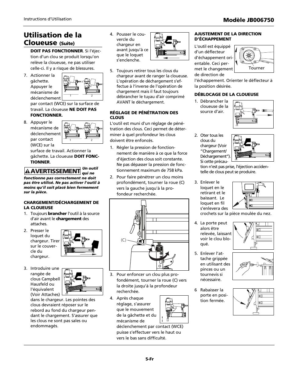 Utilisation de la cloueuse | Campbell Hausfeld Finishing Nailer JB006750 User Manual | Page 13 / 24