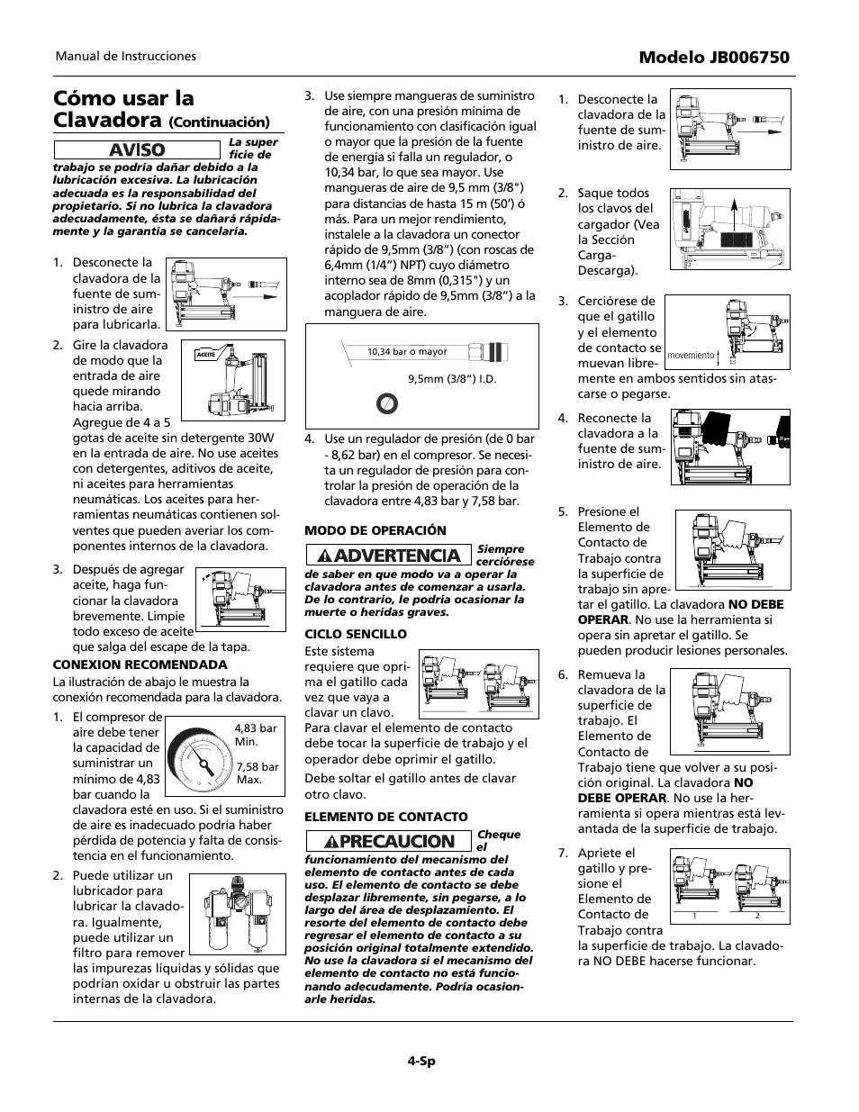 Cómo usar la clavadora | Campbell Hausfeld Finishing Nailer JB006750 User Manual | Page 20 / 24