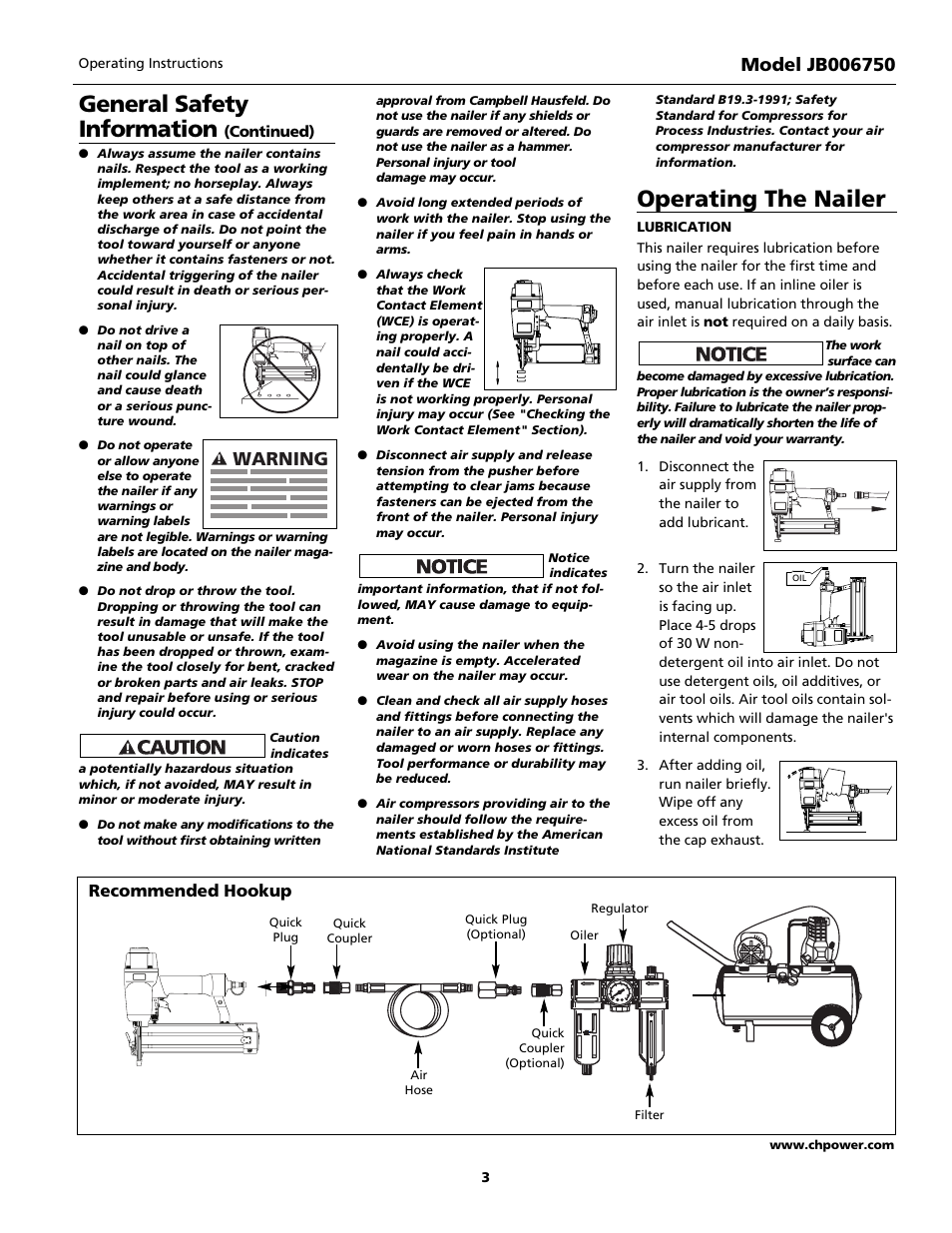 General safety information, Operating the nailer, Warning | Recommended hookup | Campbell Hausfeld Finishing Nailer JB006750 User Manual | Page 3 / 24