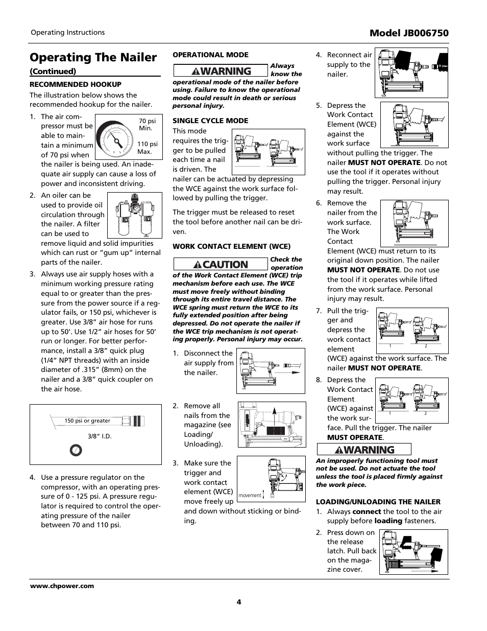 Operating the nailer | Campbell Hausfeld Finishing Nailer JB006750 User Manual | Page 4 / 24