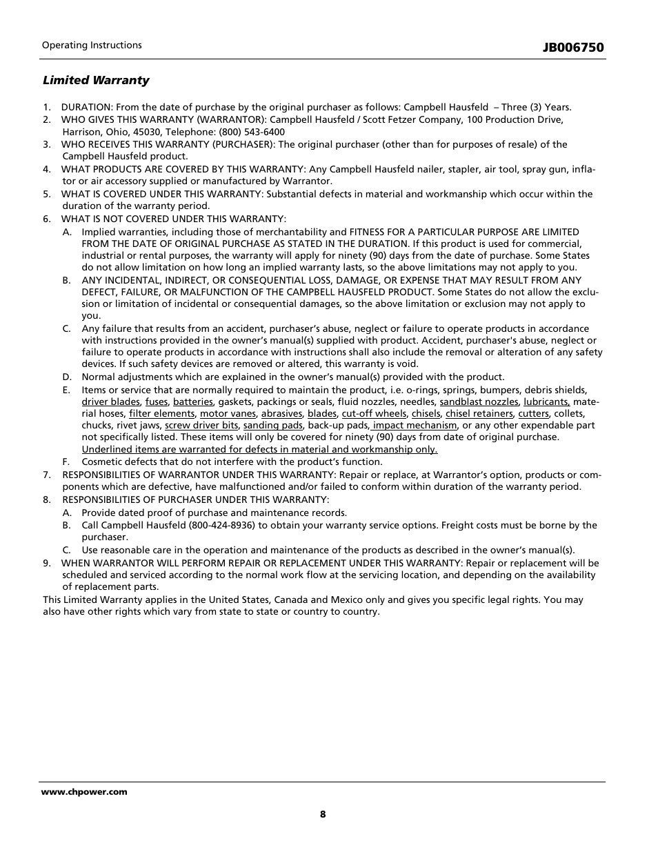 Campbell Hausfeld Finishing Nailer JB006750 User Manual | Page 8 / 24