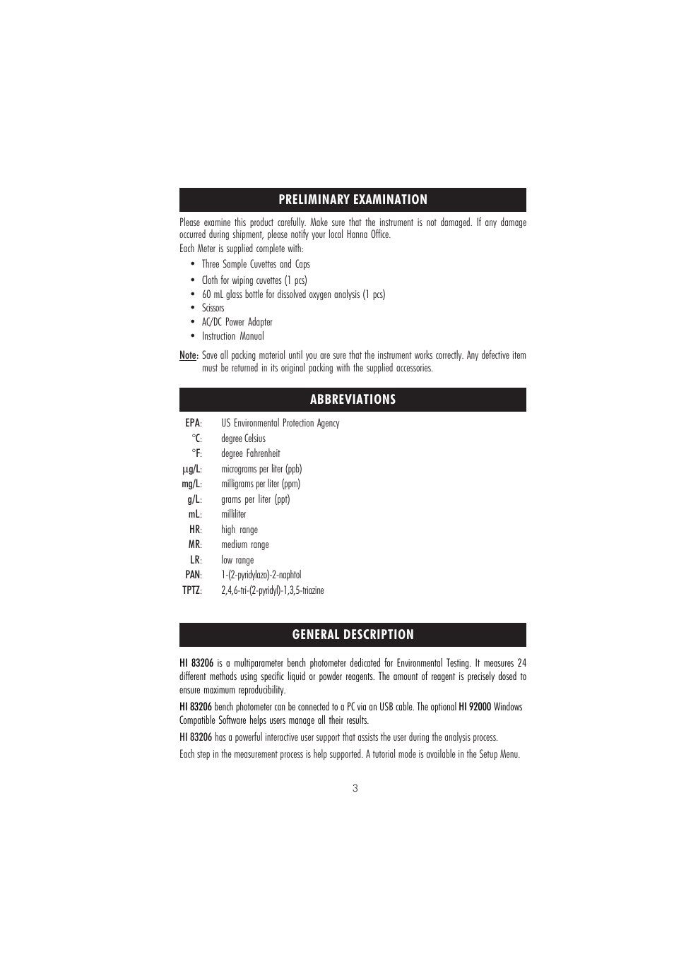 Hanna Instruments HI 83206 User Manual | Page 3 / 76