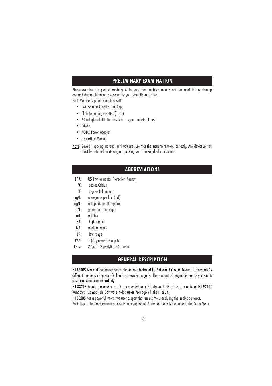 Hanna Instruments HI 83205 User Manual | Page 3 / 76