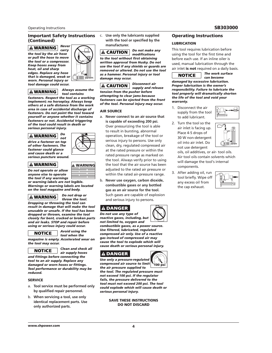 Important safety instructions (continued), Operating instructions | Campbell Hausfeld IN724801AV User Manual | Page 4 / 24