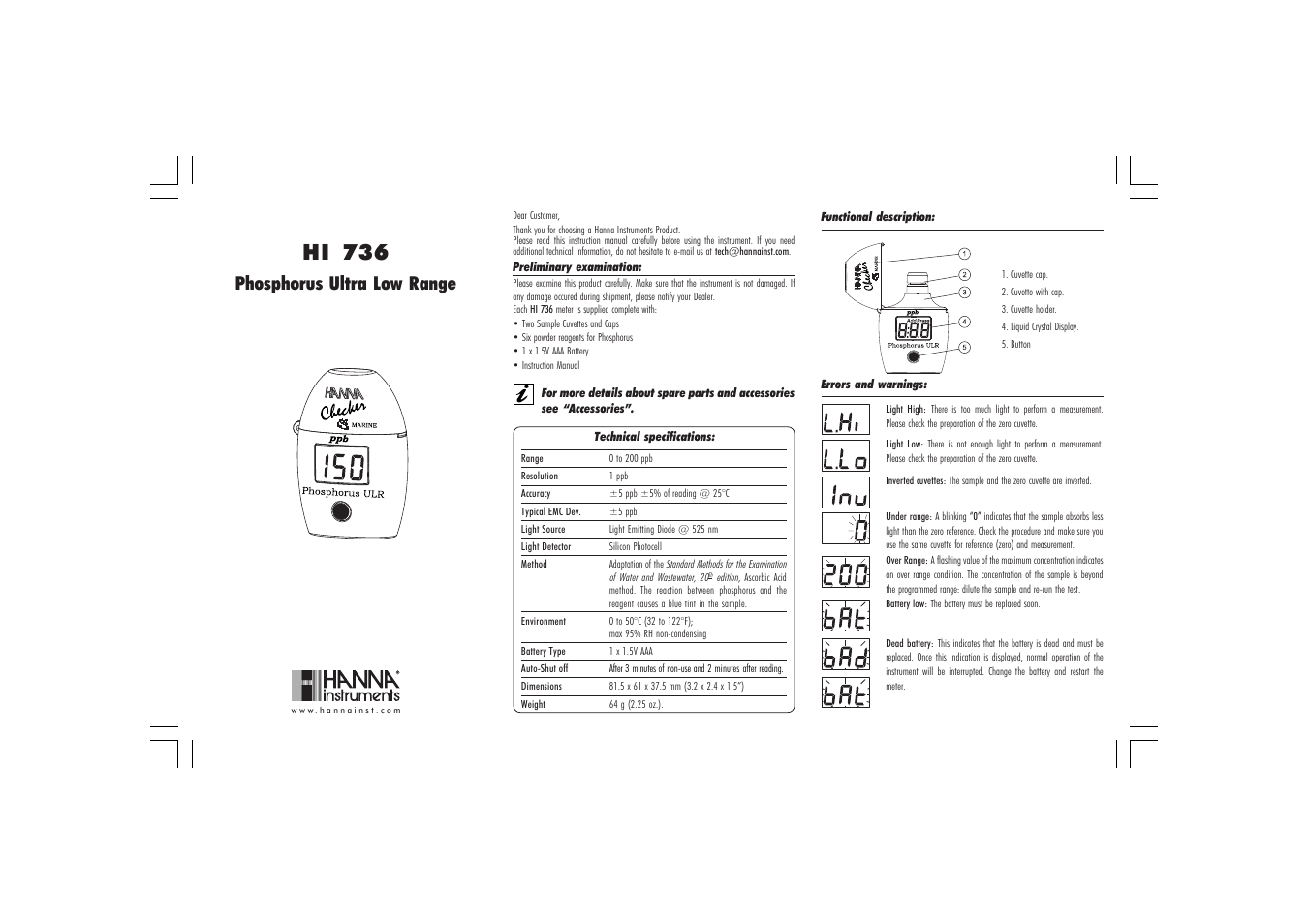 Hanna Instruments HI 736 User Manual | 2 pages