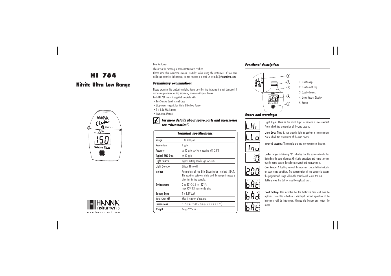 Hanna Instruments HI 764 User Manual | 2 pages