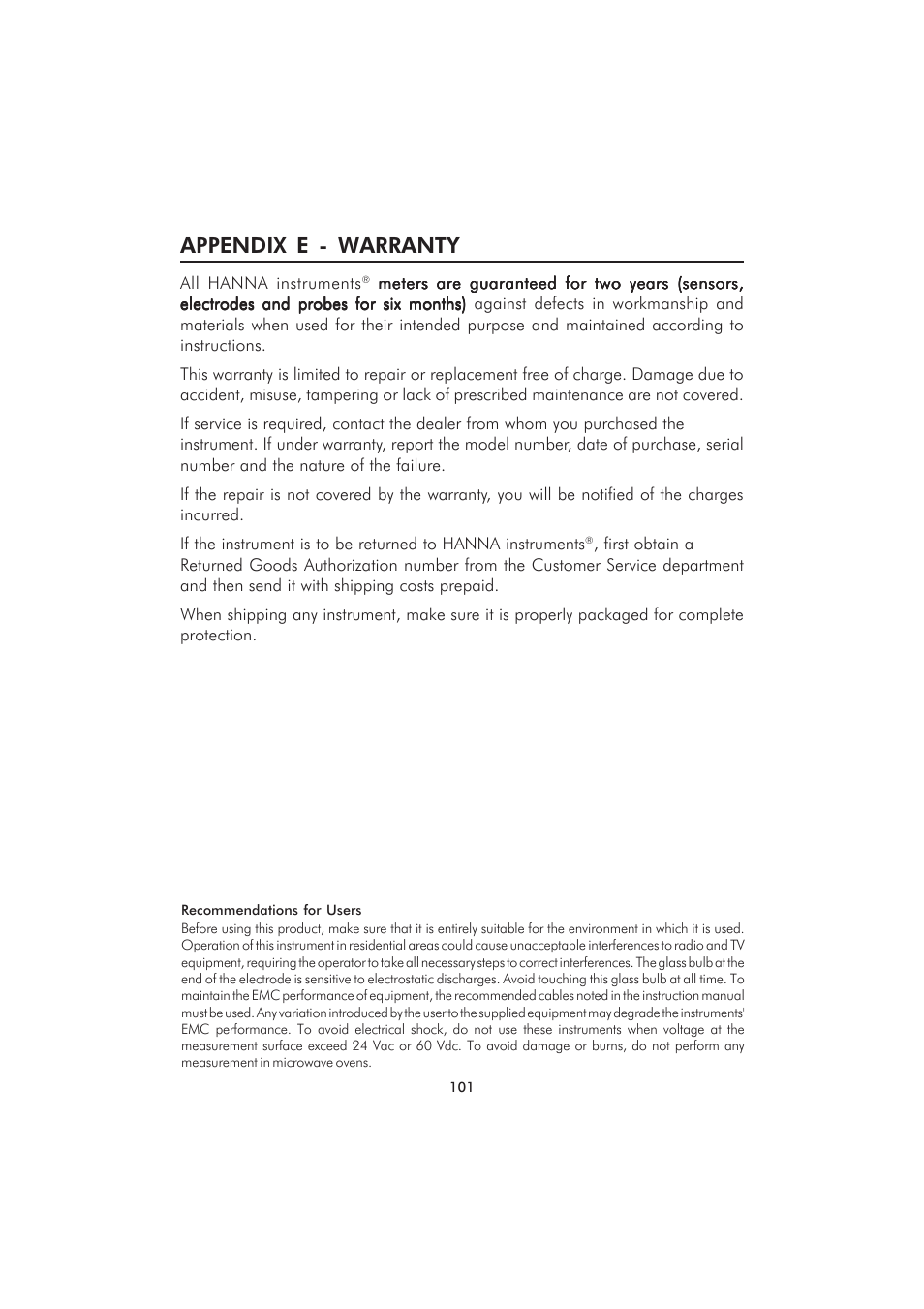 Appendix e - warranty | Hanna Instruments HI 9829 User Manual | Page 101 / 104