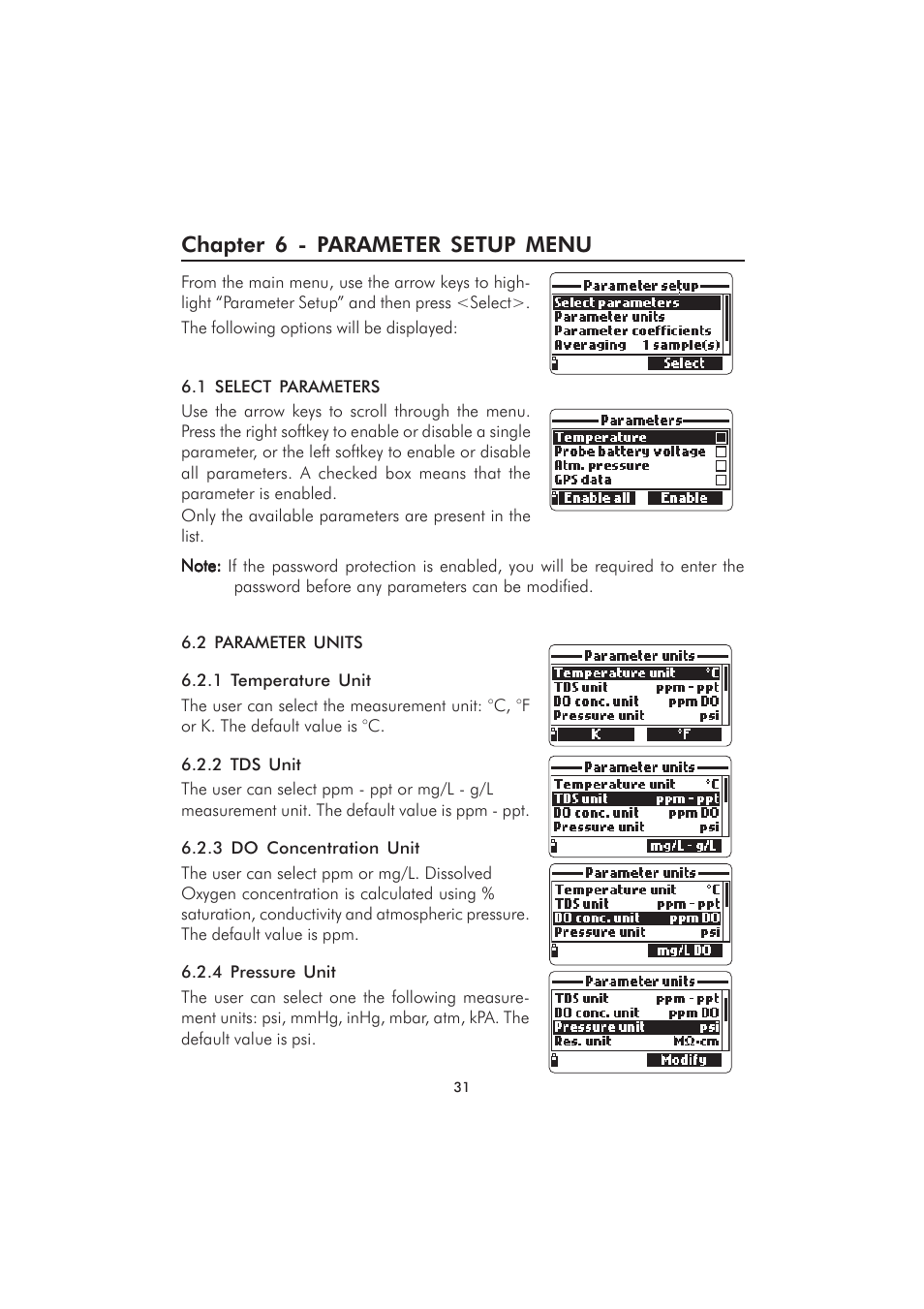 Chapter 6 - parameter setup menu | Hanna Instruments HI 9829 User Manual | Page 31 / 104