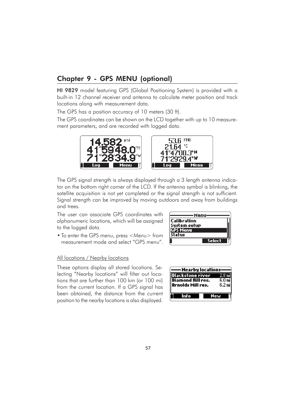 Chapter 9 - gps menu (optional) | Hanna Instruments HI 9829 User Manual | Page 57 / 104