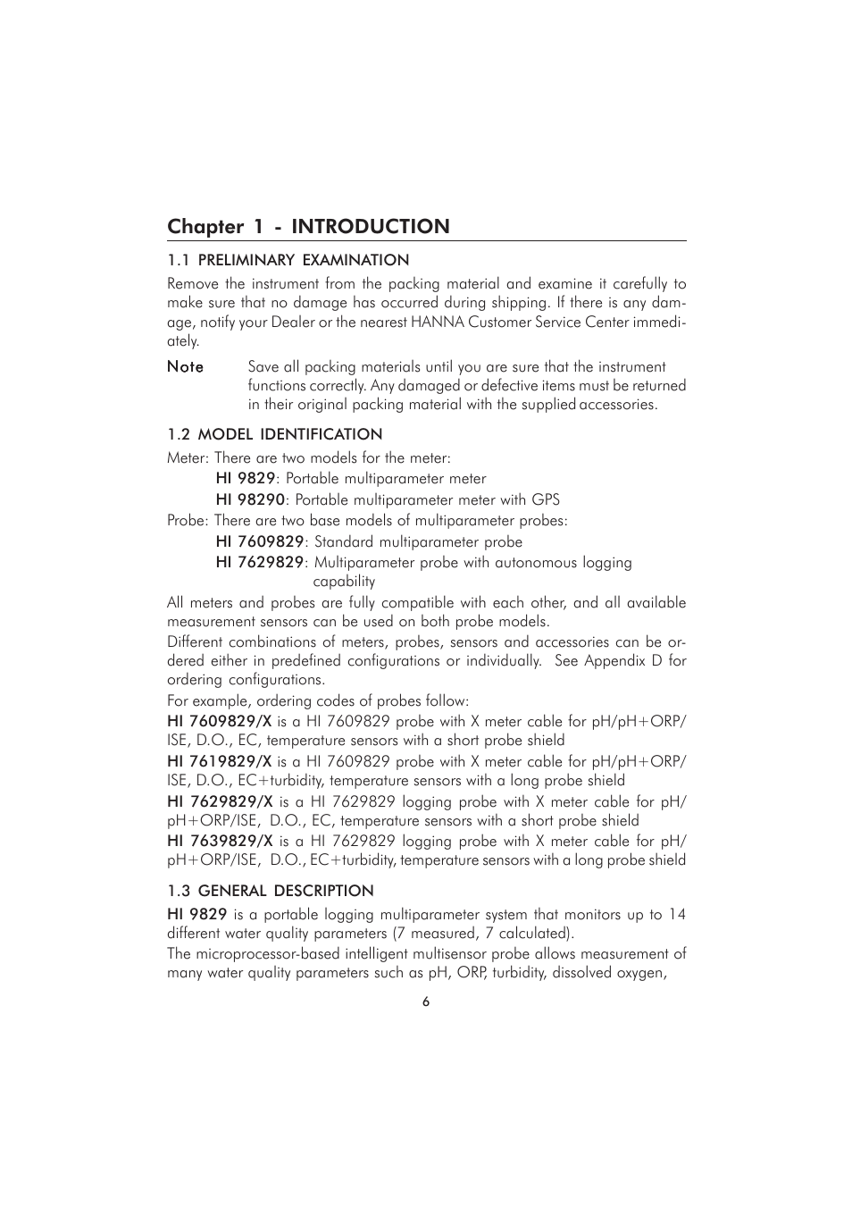 Chapter 1 - introduction | Hanna Instruments HI 9829 User Manual | Page 6 / 104