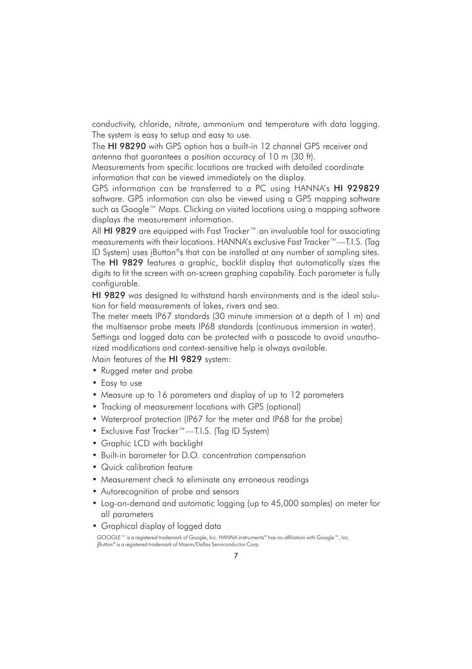 Hanna Instruments HI 9829 User Manual | Page 7 / 104