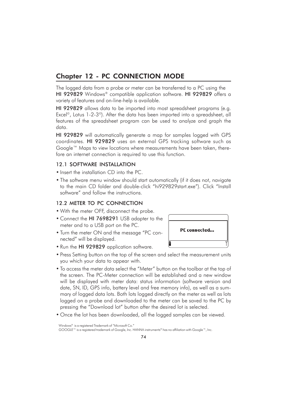 Chapter 12 - pc connection mode | Hanna Instruments HI 9829 User Manual | Page 74 / 104