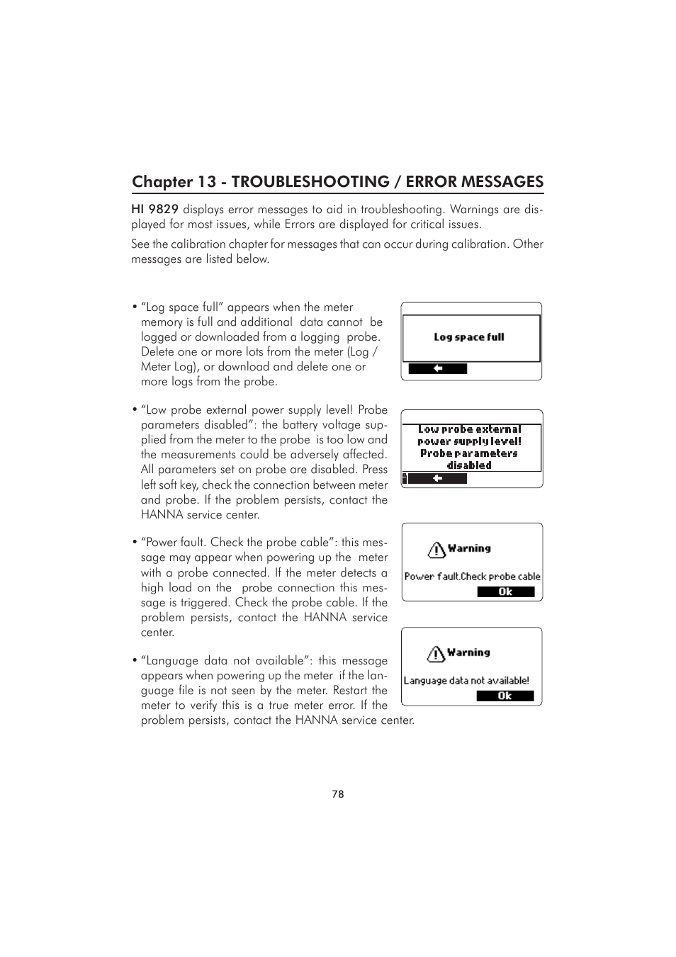Chapter 13 - troubleshooting / error messages | Hanna Instruments HI 9829 User Manual | Page 78 / 104