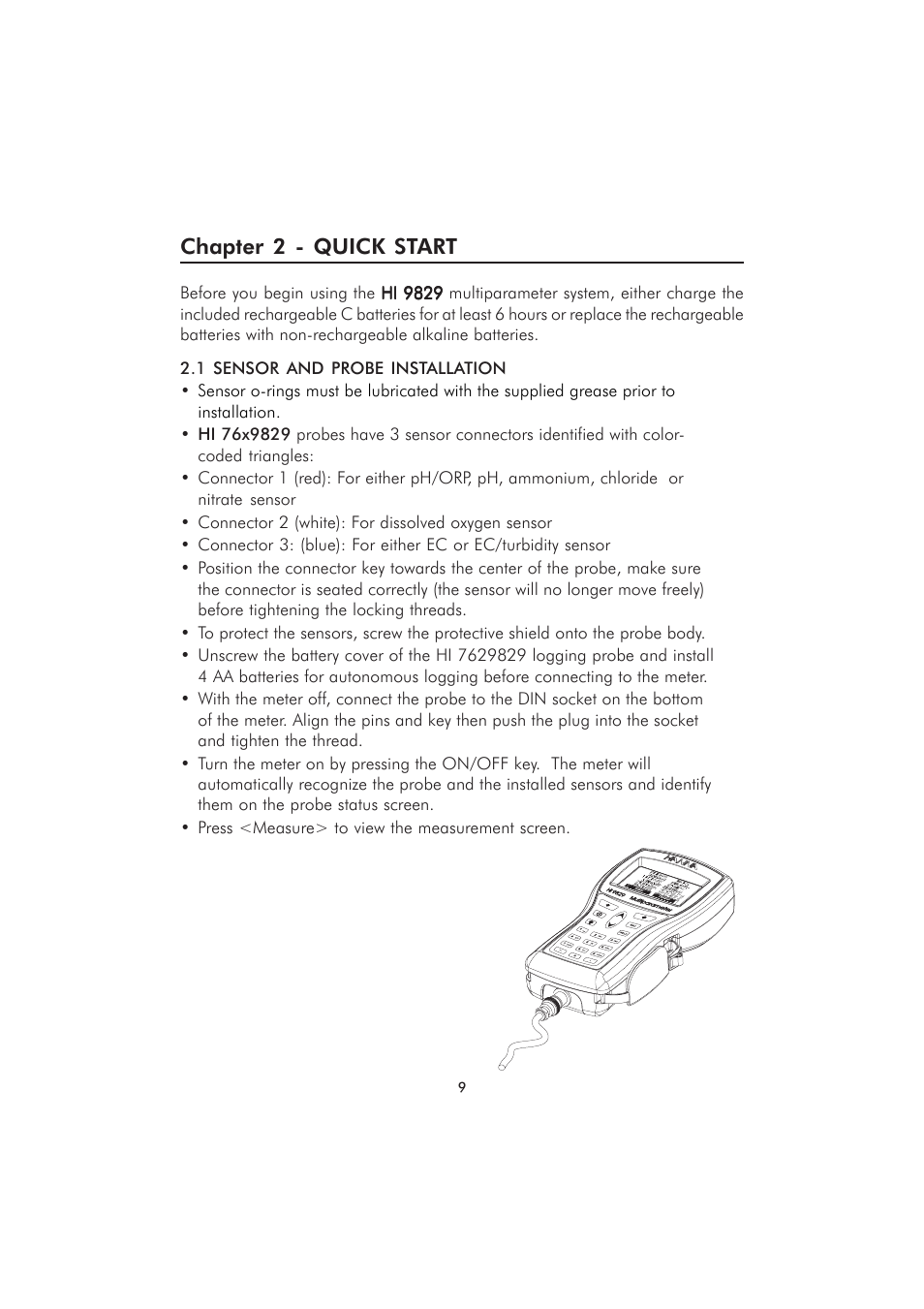 Chapter 2 - quick start | Hanna Instruments HI 9829 User Manual | Page 9 / 104