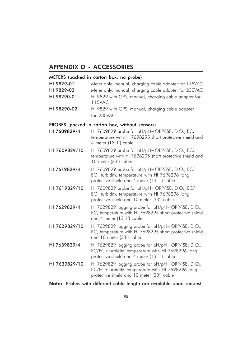 Appendix d - accessories | Hanna Instruments HI 9829 User Manual | Page 95 / 104