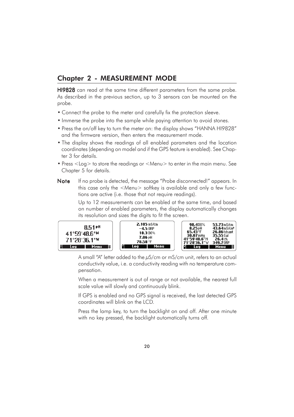 Chapter 2 - measurement mode | Hanna Instruments HI 98280 User Manual | Page 20 / 64