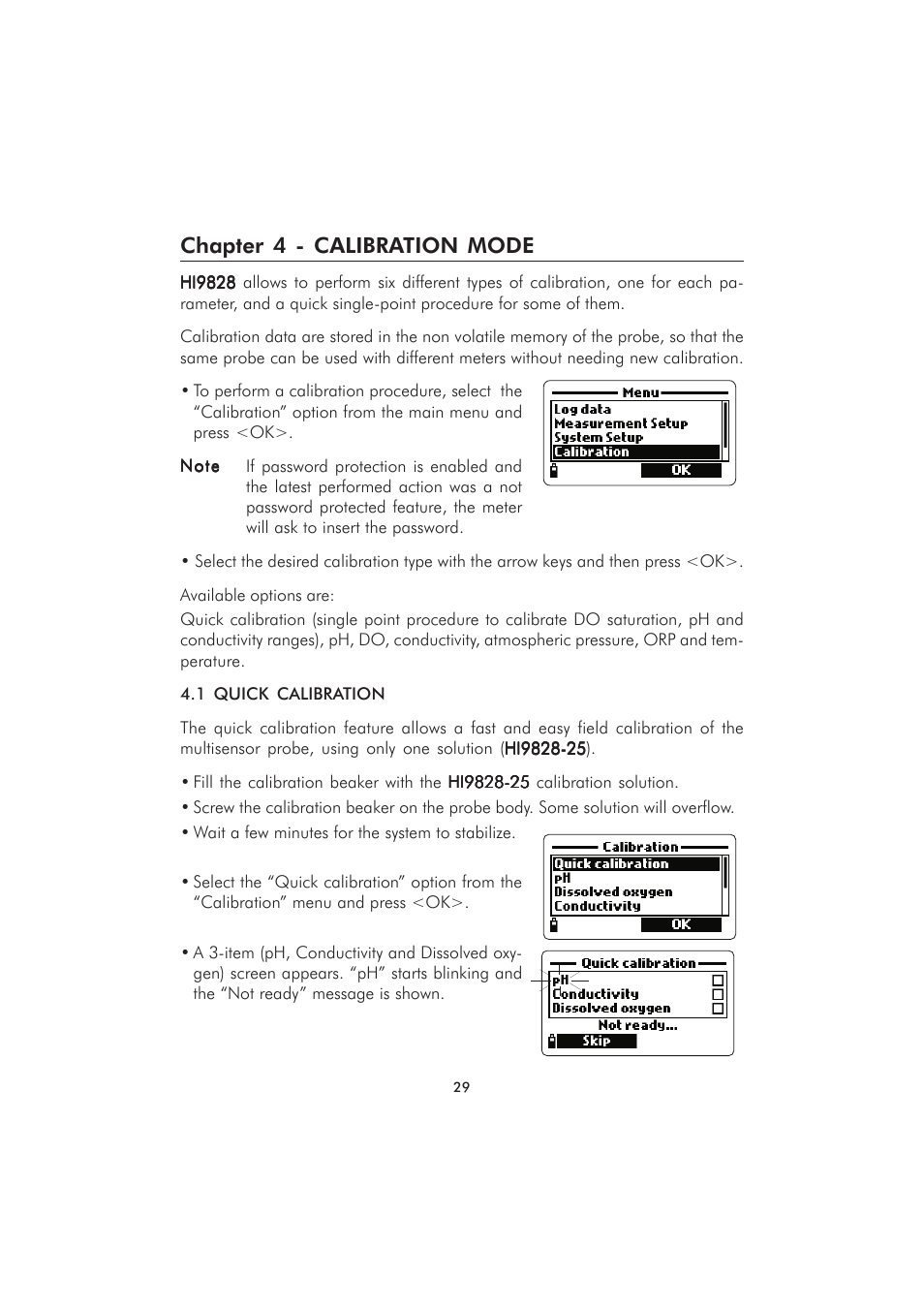 Chapter 4 - calibration mode | Hanna Instruments HI 98280 User Manual | Page 29 / 64