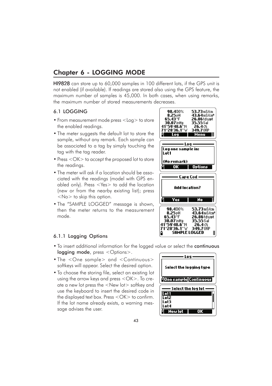 Chapter 6 - logging mode | Hanna Instruments HI 98280 User Manual | Page 43 / 64