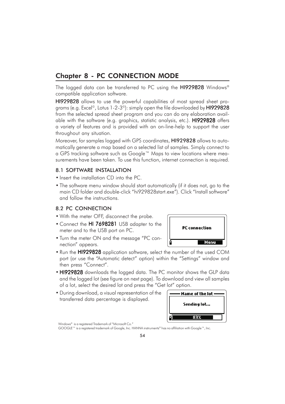 Chapter 8 - pc connection mode | Hanna Instruments HI 98280 User Manual | Page 54 / 64