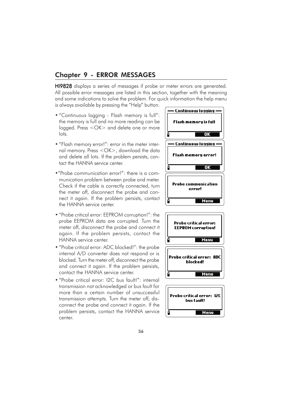 Chapter 9 - error messages | Hanna Instruments HI 98280 User Manual | Page 56 / 64