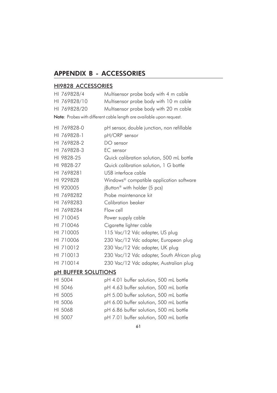 Appendix b - accessories | Hanna Instruments HI 98280 User Manual | Page 61 / 64