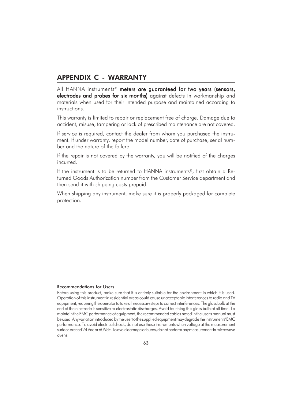 Appendix c - warranty | Hanna Instruments HI 98280 User Manual | Page 63 / 64