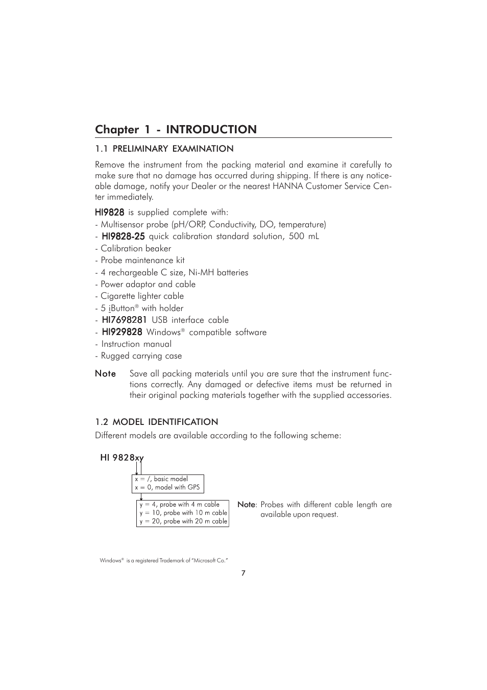 Chapter 1 - introduction | Hanna Instruments HI 98280 User Manual | Page 7 / 64