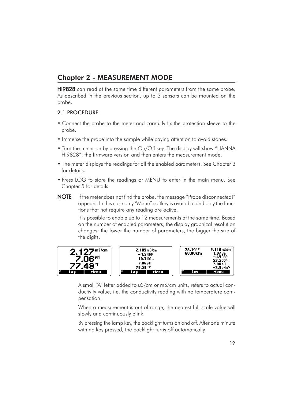 Chapter 2 - measurement mode | Hanna Instruments HI 9828 User Manual | Page 19 / 60