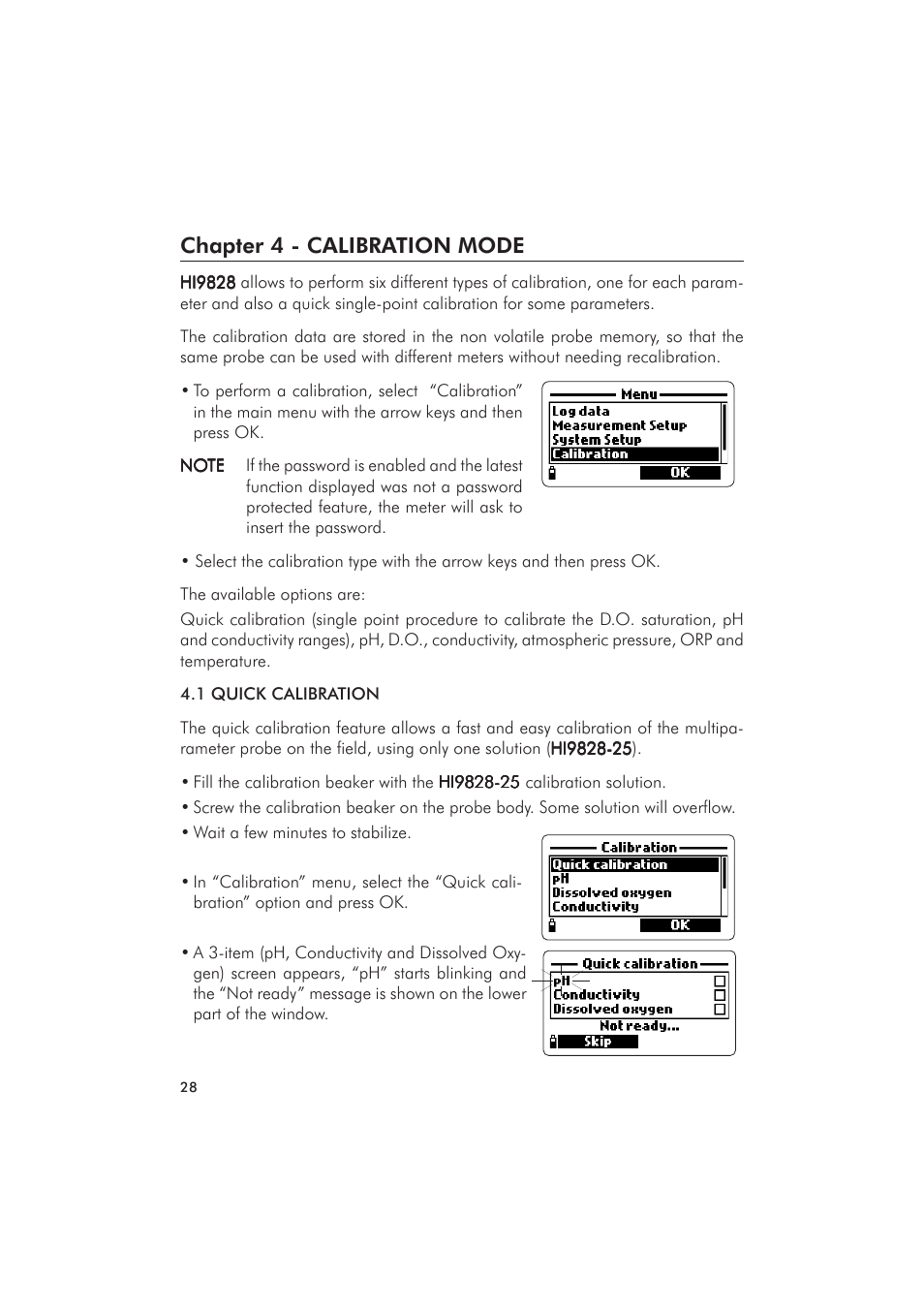 Chapter 4 - calibration mode | Hanna Instruments HI 9828 User Manual | Page 28 / 60
