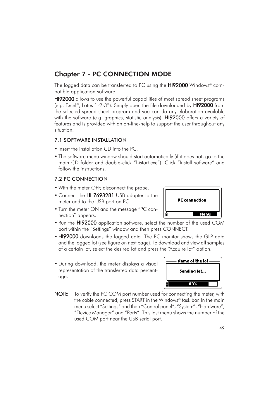 Chapter 7 - pc connection mode | Hanna Instruments HI 9828 User Manual | Page 49 / 60