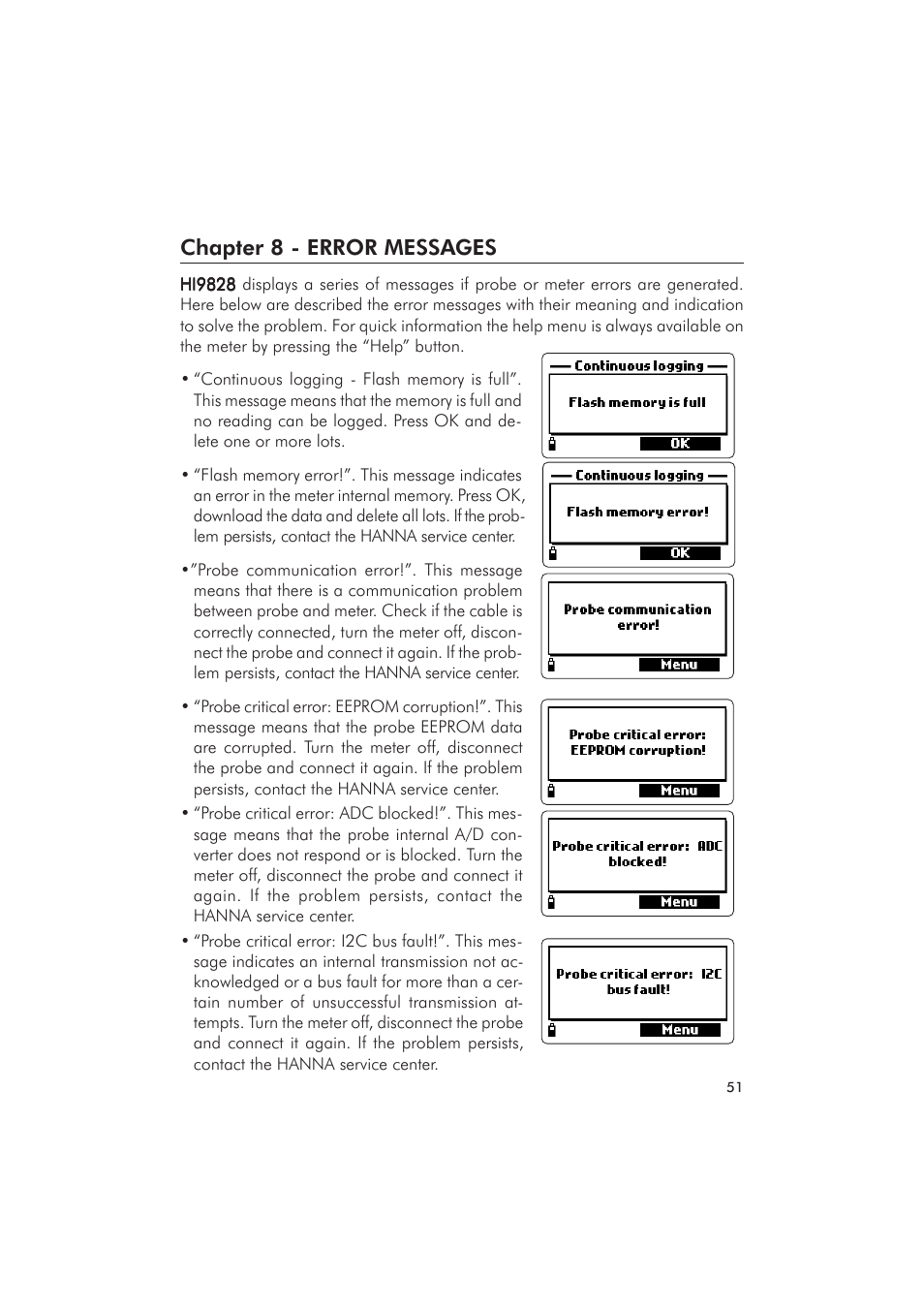 Chapter 8 - error messages | Hanna Instruments HI 9828 User Manual | Page 51 / 60