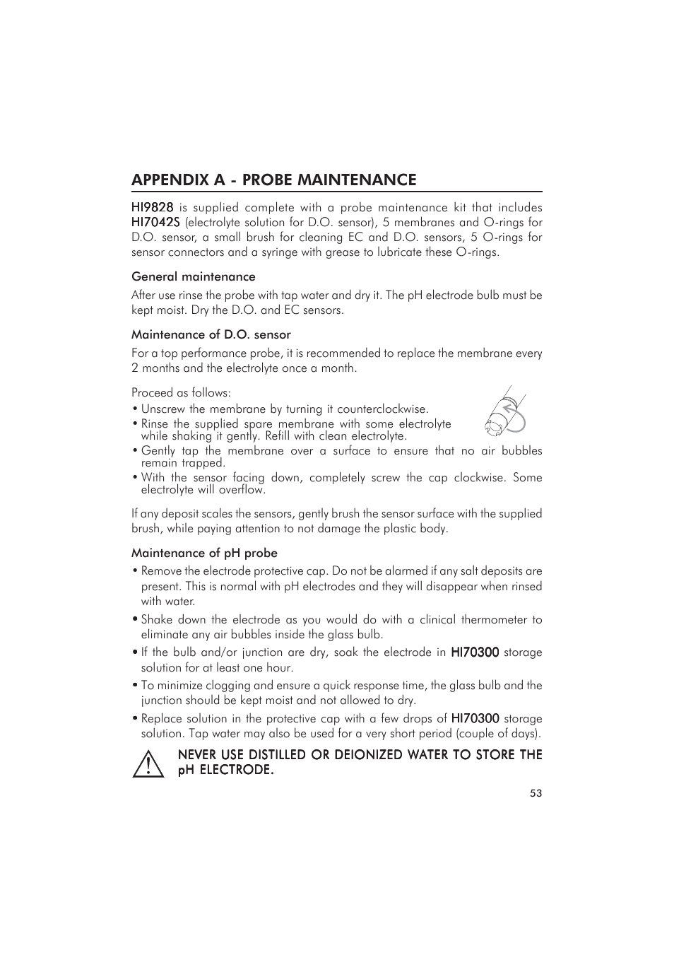 Appendix a - probe maintenance | Hanna Instruments HI 9828 User Manual | Page 53 / 60