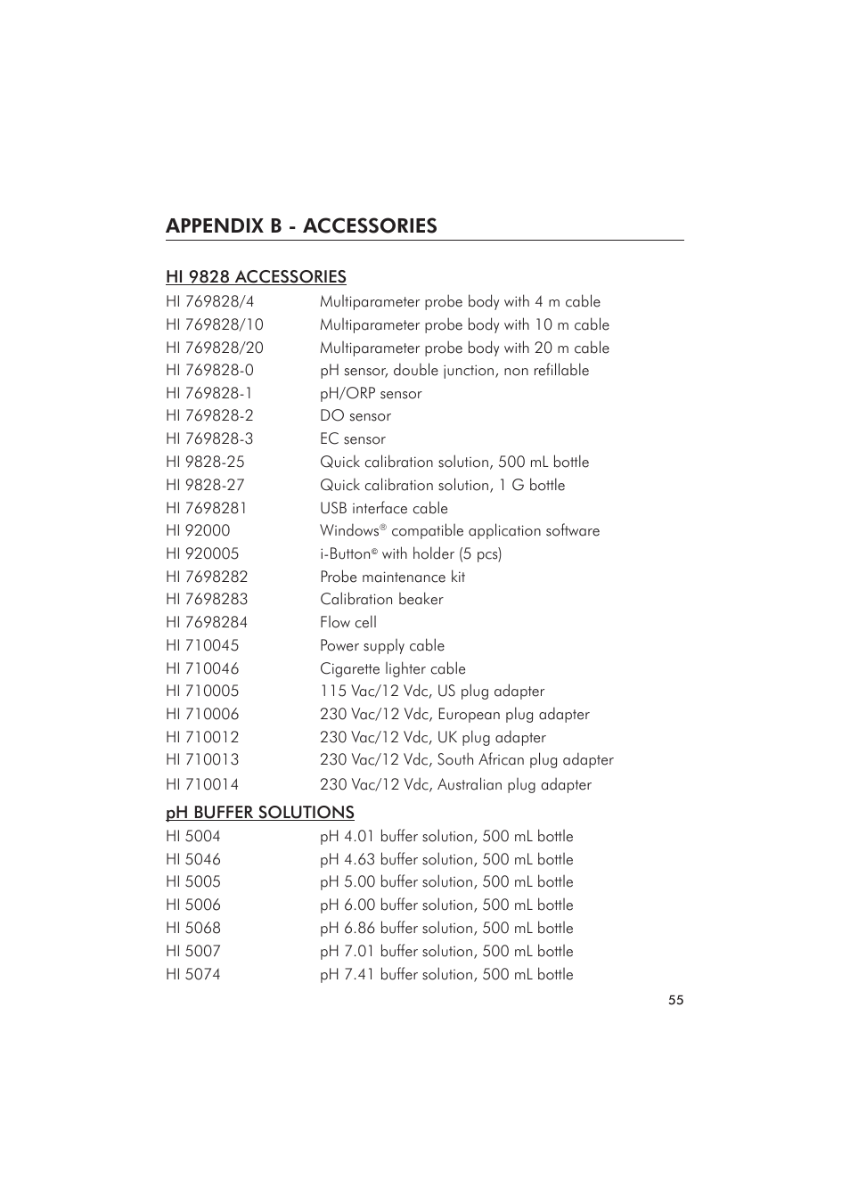 Appendix b - accessories | Hanna Instruments HI 9828 User Manual | Page 55 / 60