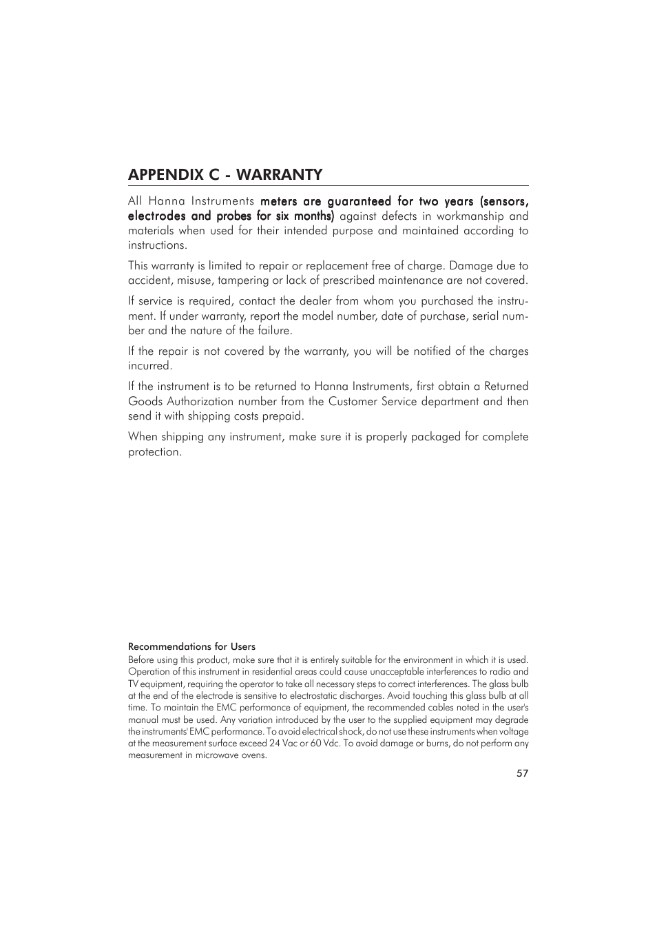 Appendix c - warranty | Hanna Instruments HI 9828 User Manual | Page 57 / 60