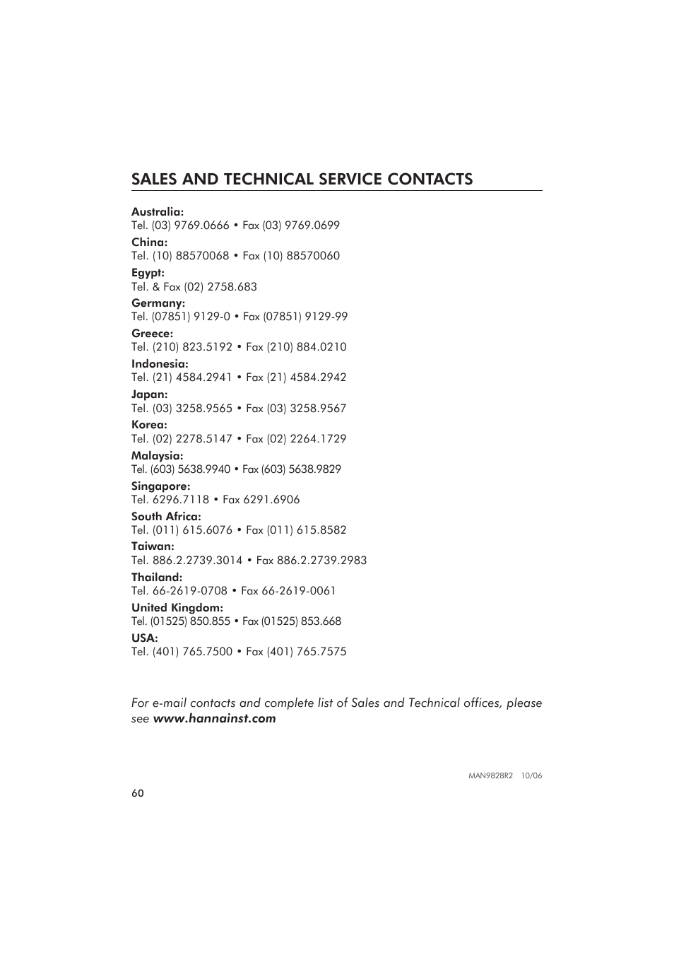Sales and technical service contacts | Hanna Instruments HI 9828 User Manual | Page 60 / 60