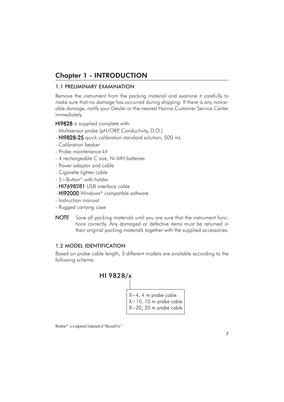Chapter 1 - introduction | Hanna Instruments HI 9828 User Manual | Page 7 / 60