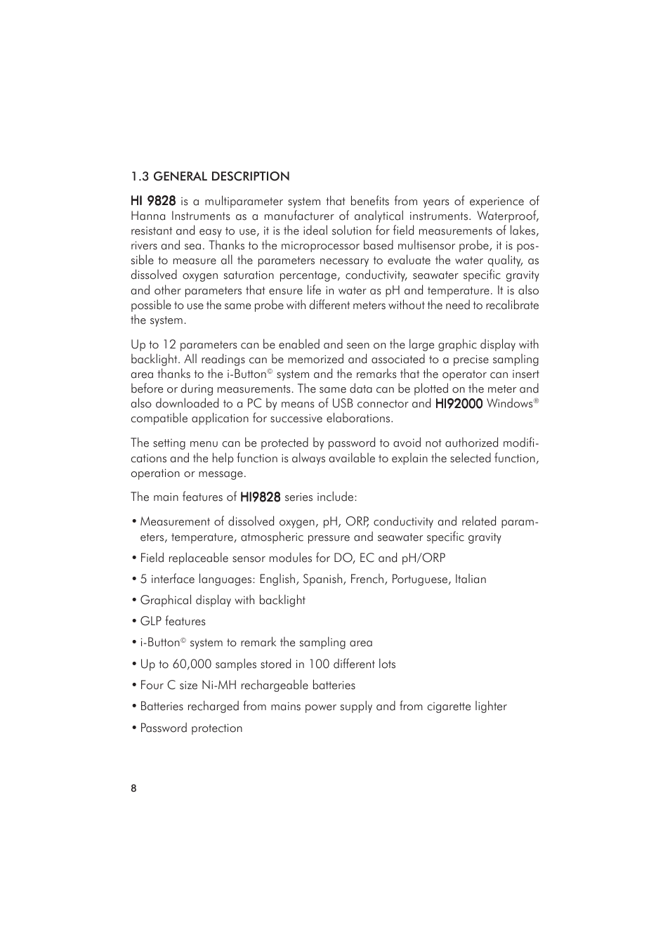 Hanna Instruments HI 9828 User Manual | Page 8 / 60