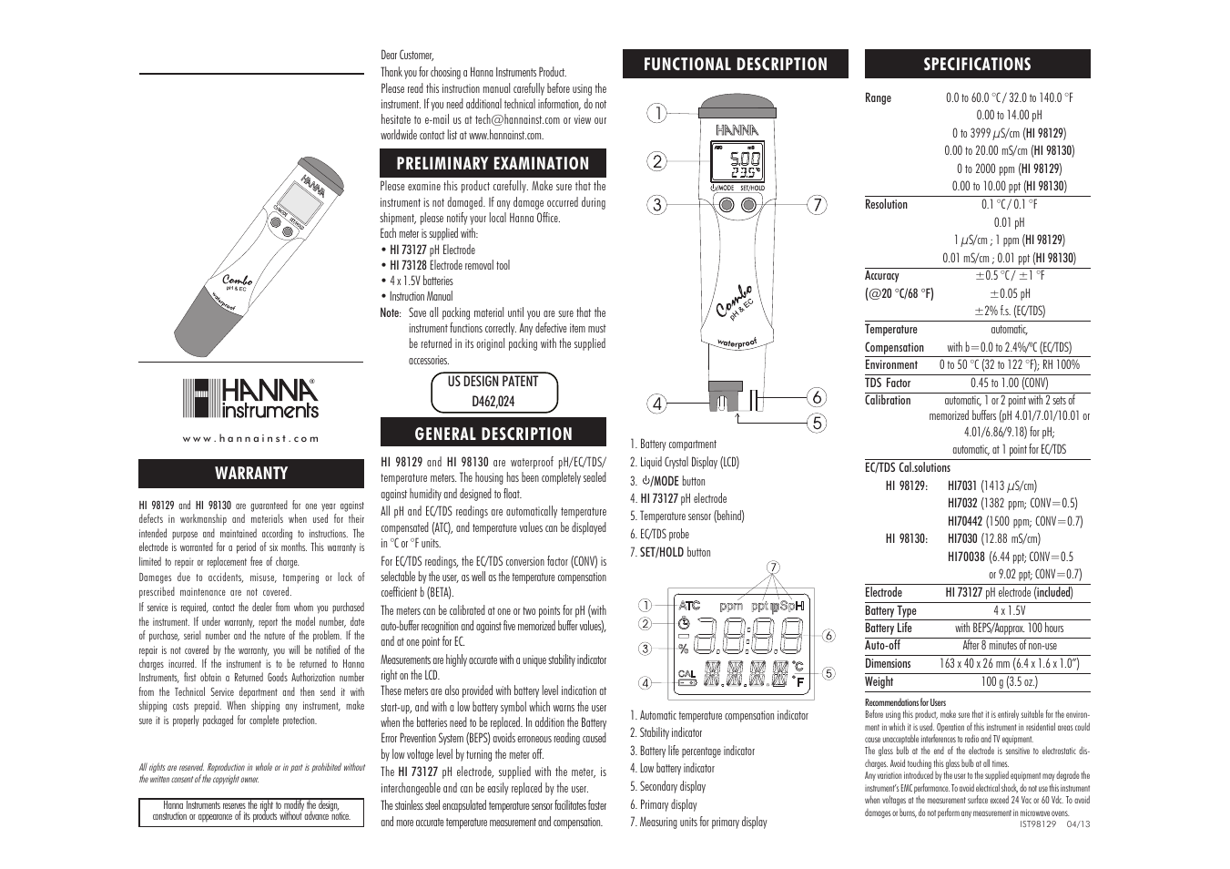 Hanna Instruments HI 98129 User Manual | 2 pages