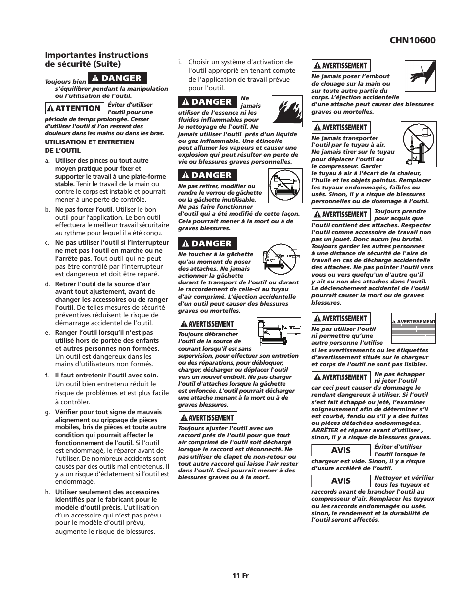 Importantes instructions de sécurité (suite) | Campbell Hausfeld CHN10600 User Manual | Page 11 / 24