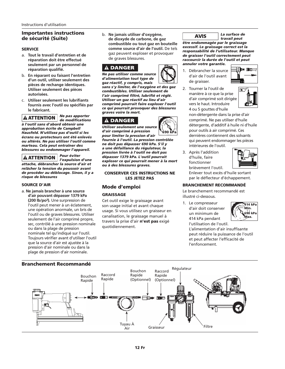 Mode d’emploi, Importantes instructions de sécurité (suite), Branchement recommandé | Campbell Hausfeld CHN10600 User Manual | Page 12 / 24