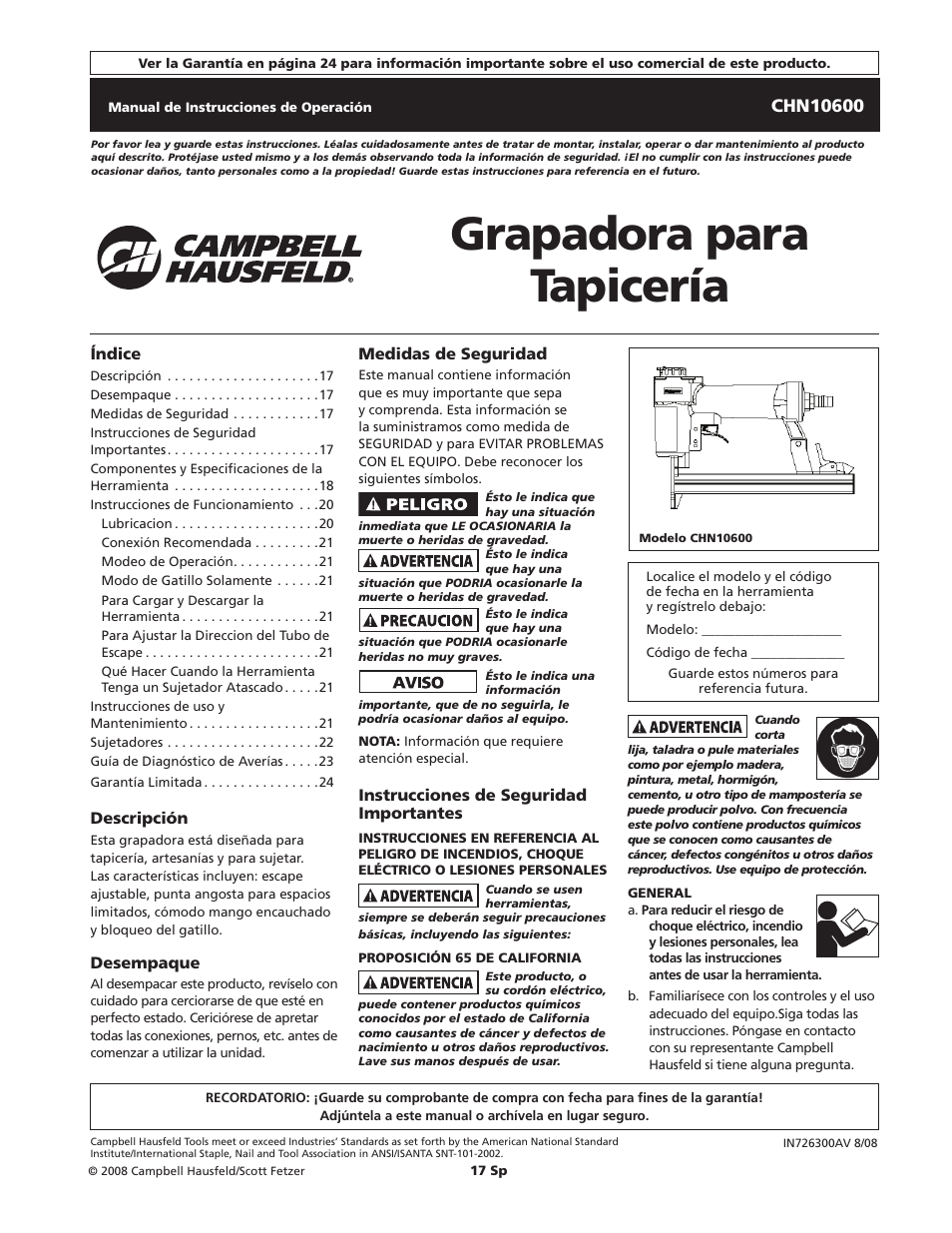 Grapadora para tapicería | Campbell Hausfeld CHN10600 User Manual | Page 17 / 24