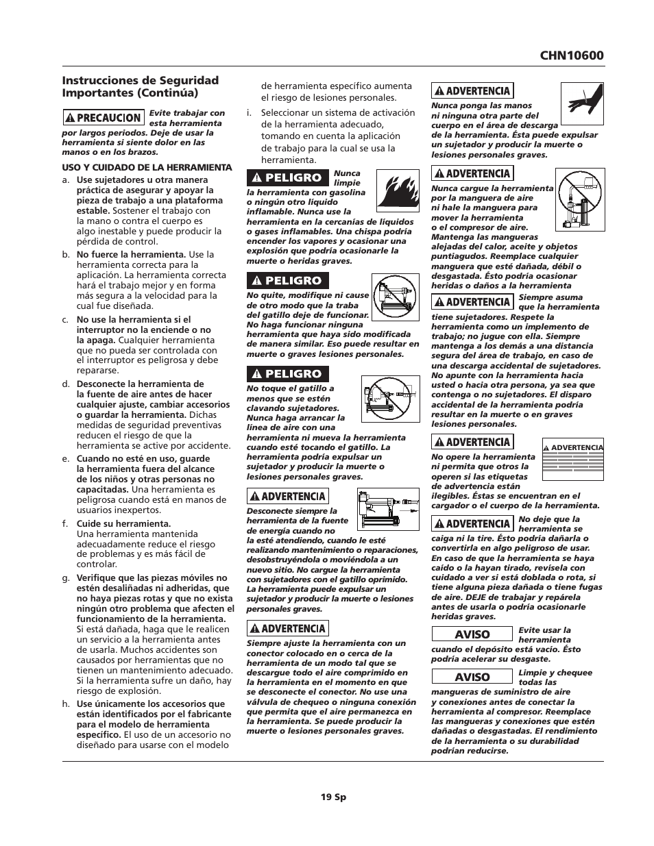 Instrucciones de seguridad importantes (continúa) | Campbell Hausfeld CHN10600 User Manual | Page 19 / 24