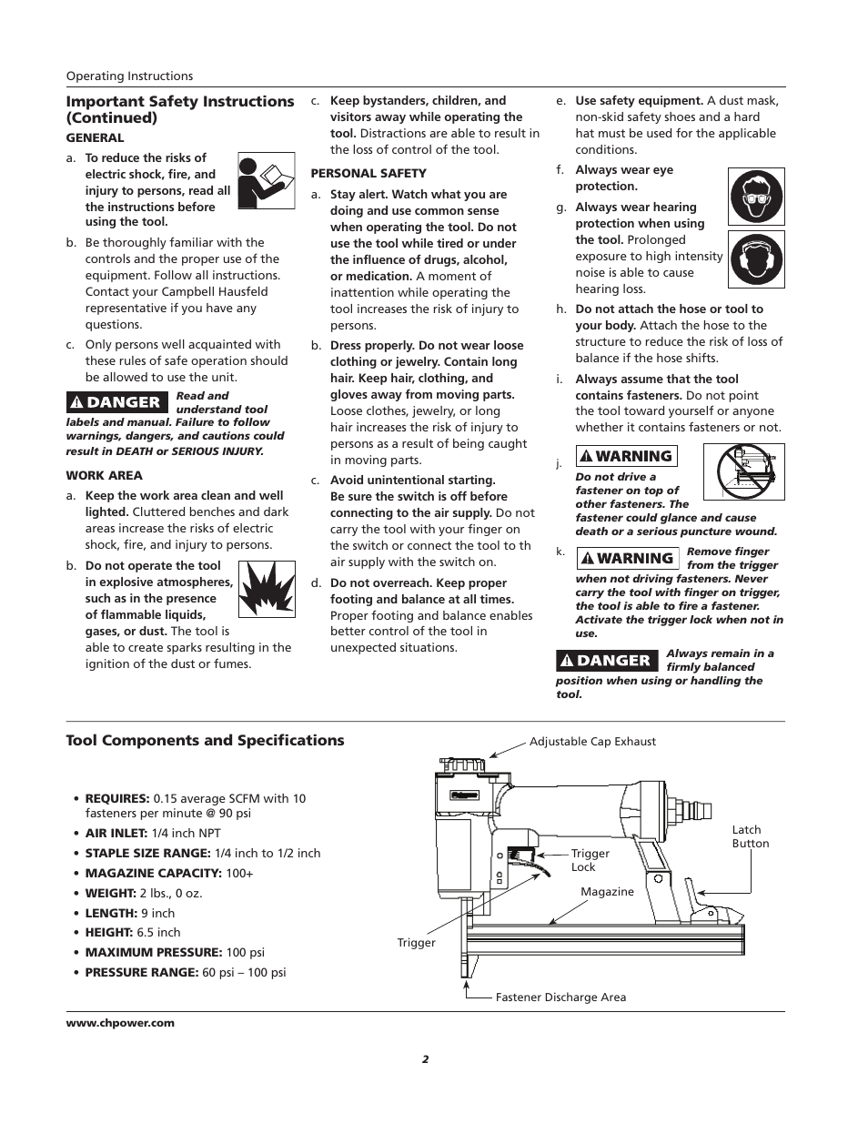 Important safety instructions (continued), Tool components and specifications | Campbell Hausfeld CHN10600 User Manual | Page 2 / 24