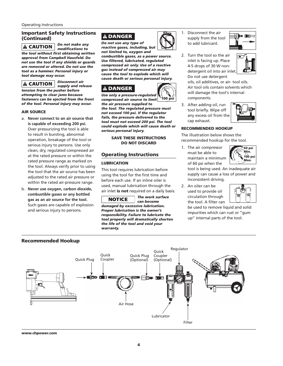 Important safety instructions (continued), Operating instructions, Recommended hookup | Campbell Hausfeld CHN10600 User Manual | Page 4 / 24