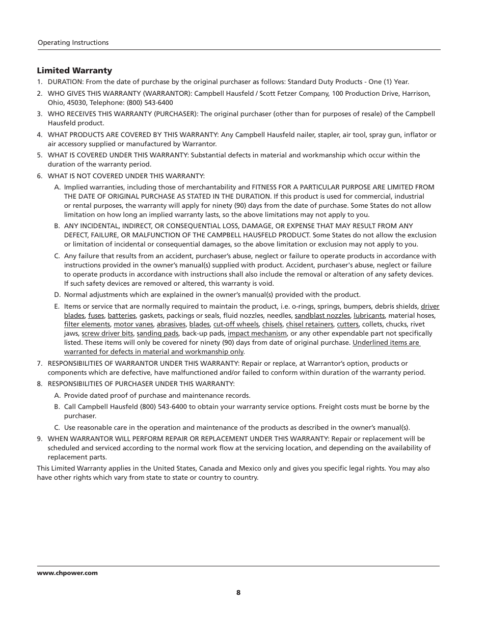 Campbell Hausfeld CHN10600 User Manual | Page 8 / 24