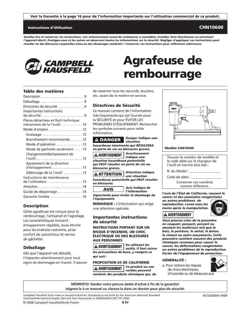 Agrafeuse de rembourrage | Campbell Hausfeld CHN10600 User Manual | Page 9 / 24